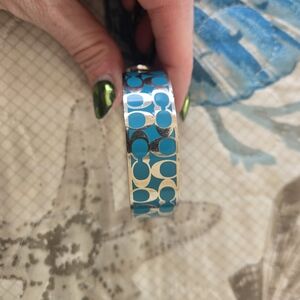 Coach Turquoise and Silver Enamel C-Logo Bangle Bracelet